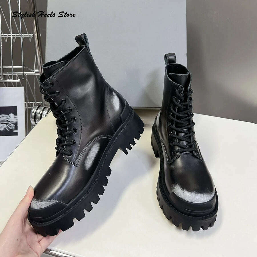 KIMLUD, Stylish Thick-toothed Rubber Sole Lace Up Booties Retro Round Toe Ankle Boots for Lovers Fashion Women Men Luxury Modern Boots, KIMLUD Womens Clothes