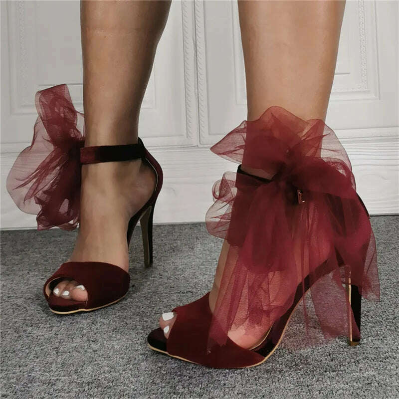 KIMLUD, Suede Leather Mesh Open Toe Super High Heels Women Sandals Ankle Strap Zipper Pumps Large Size Fashion Western Sexy Ladies Shoes, Wine Red / 36, KIMLUD APPAREL - Womens Clothes