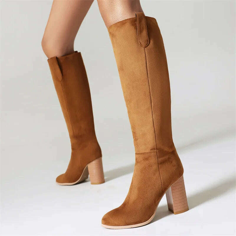 KIMLUD, Suede Leather Nubuck Round Toe Knee High Women Boots High Heels Solid Color Slip On Fashion Concise Elegant Western Female Shoes, KIMLUD Womens Clothes