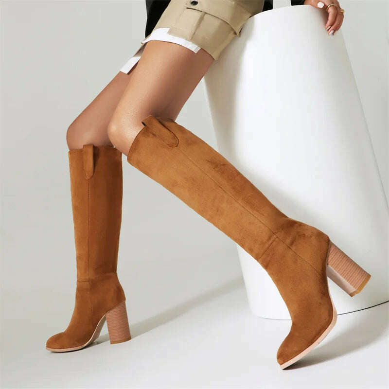KIMLUD, Suede Leather Nubuck Round Toe Knee High Women Boots High Heels Solid Color Slip On Fashion Concise Elegant Western Female Shoes, KIMLUD Womens Clothes