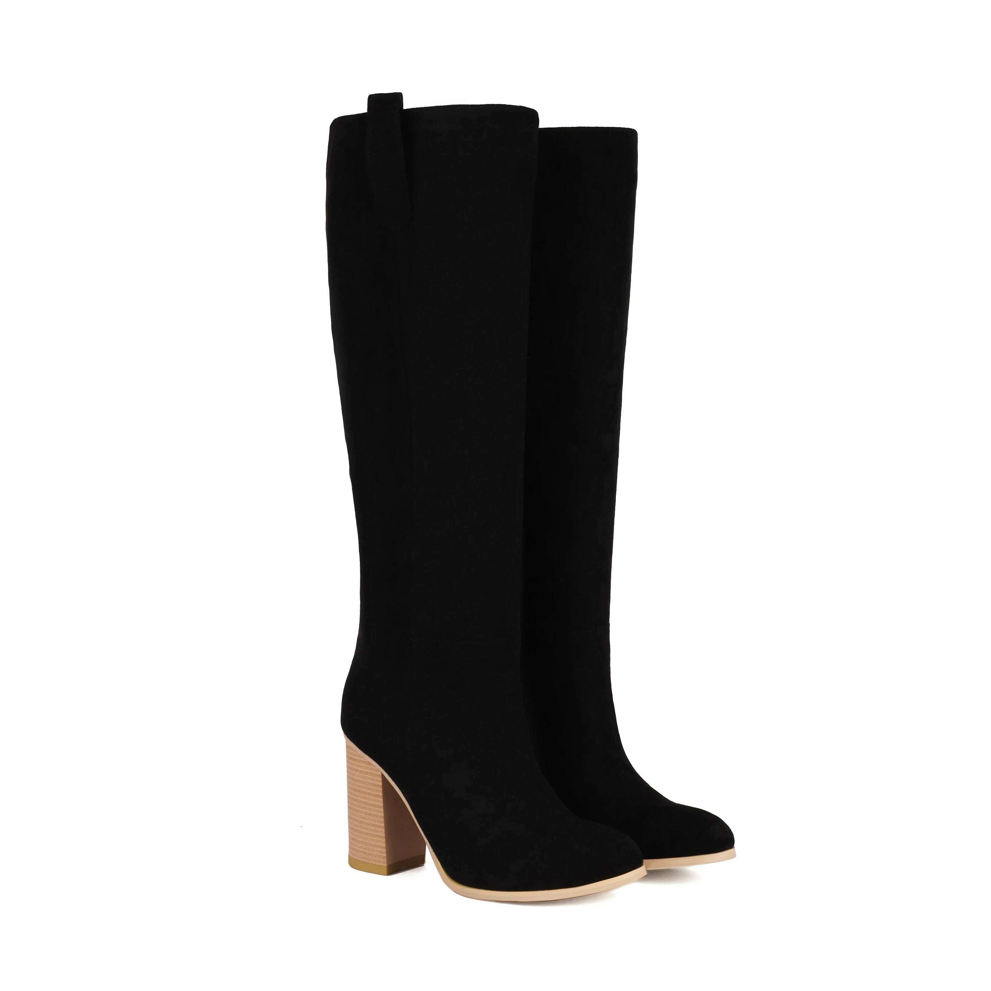 KIMLUD, Suede Leather Nubuck Round Toe Knee High Women Boots High Heels Solid Color Slip On Fashion Concise Elegant Western Female Shoes, black / 35, KIMLUD APPAREL - Womens Clothes