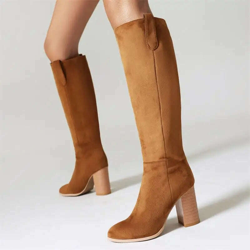 KIMLUD, Suede Leather Nubuck Round Toe Knee High Women Boots High Heels Solid Color Slip On Fashion Concise Elegant Western Female Shoes, KIMLUD Womens Clothes