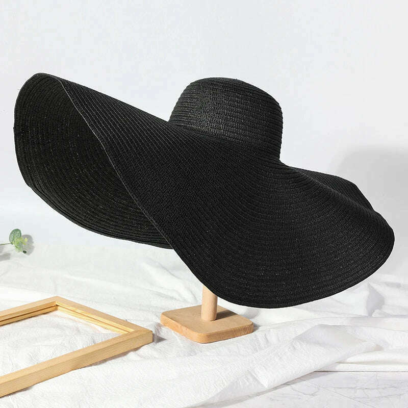 KIMLUD, Summer 70cm Large Wide Brim Sun Hats For Women Oversized Beach Hat Foldable Travel Straw Hat Lady UV Protection Sun Shade Hat, black / 54-57cm, KIMLUD Womens Clothes