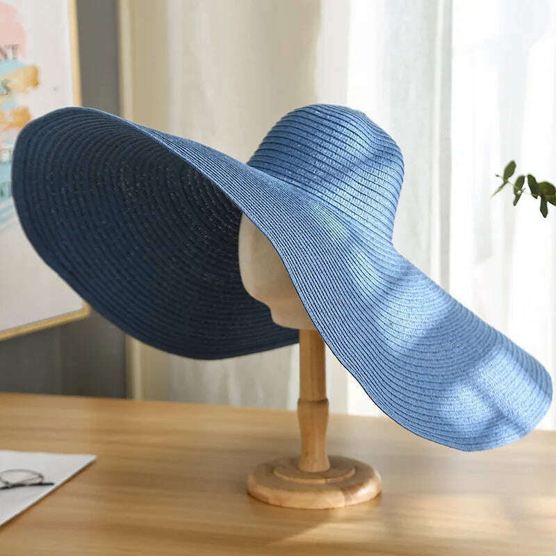 KIMLUD, Summer 70cm Large Wide Brim Sun Hats For Women Oversized Beach Hat Foldable Travel Straw Hat Lady UV Protection Sun Shade Hat, Denim Blue / 54-57cm, KIMLUD Womens Clothes