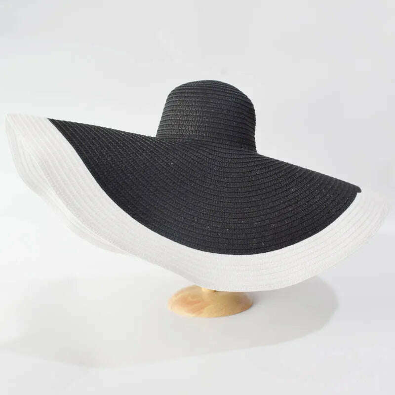 KIMLUD, Summer 70cm Large Wide Brim Sun Hats For Women Oversized Beach Hat Foldable Travel Straw Hat Lady UV Protection Sun Shade Hat, black white / 54-57cm, KIMLUD Womens Clothes