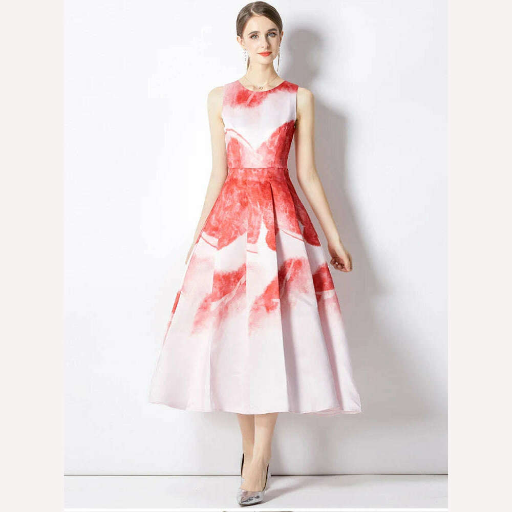 KIMLUD, Summer Autumn Elegant Sweet Pattern Tank Dress Women's Sleeveless Floral Printing High Waist Ball Gown Evening Party Vestidos, KIMLUD Womens Clothes