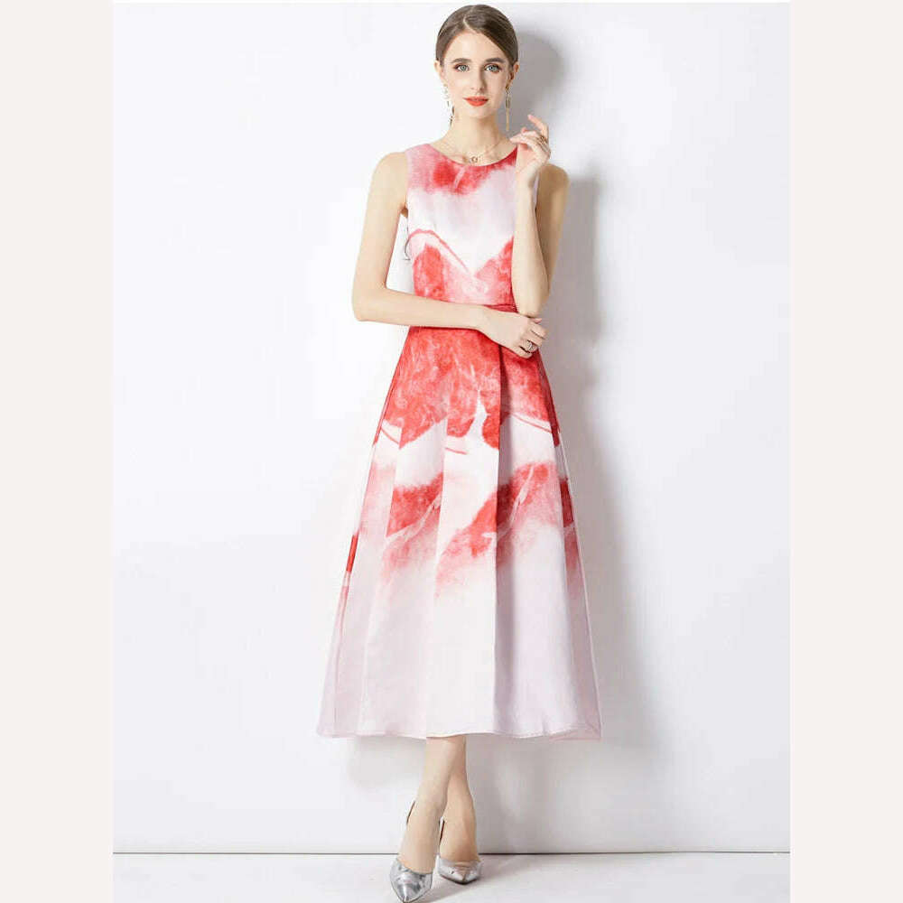 KIMLUD, Summer Autumn Elegant Sweet Pattern Tank Dress Women's Sleeveless Floral Printing High Waist Ball Gown Evening Party Vestidos, KIMLUD Womens Clothes