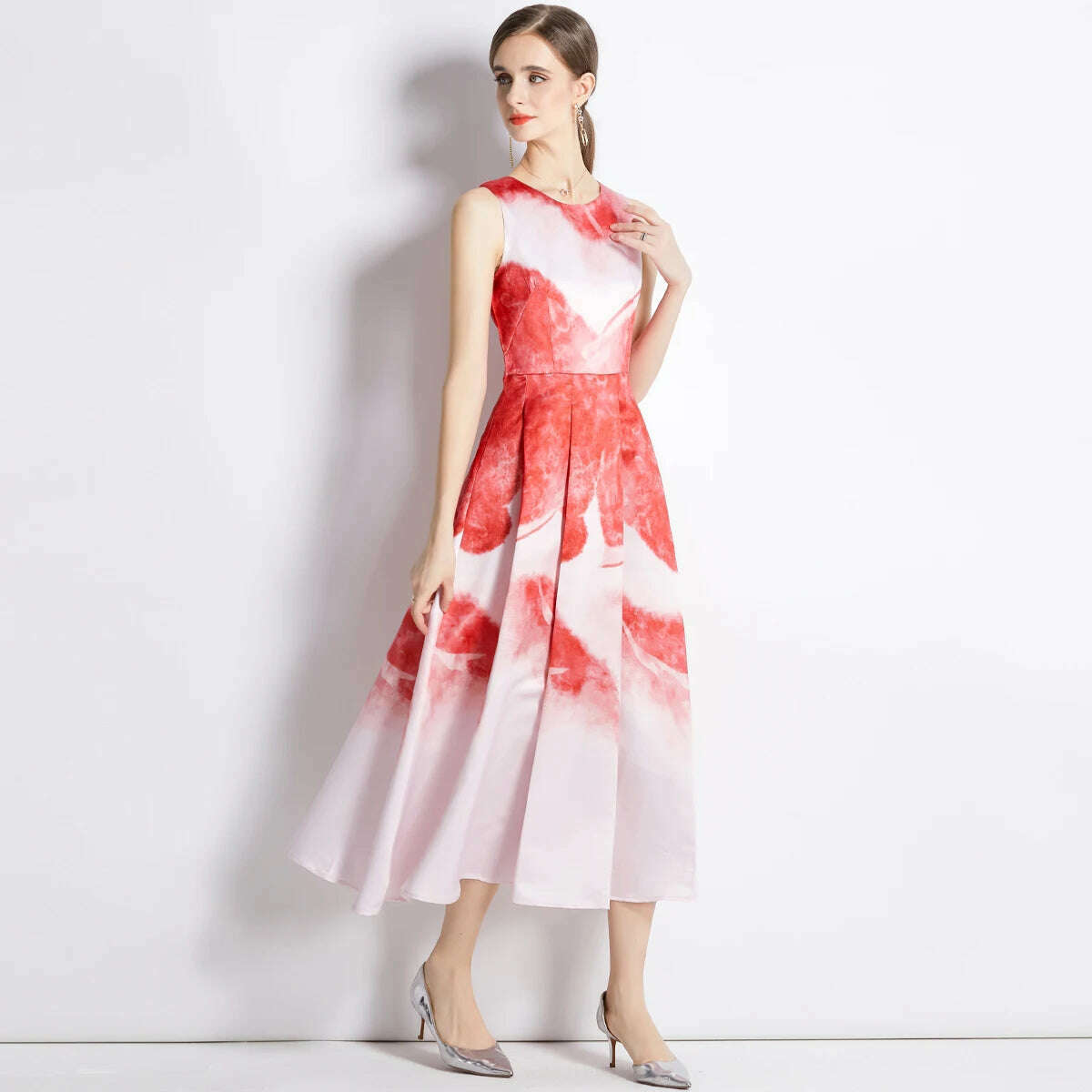 KIMLUD, Summer Autumn Elegant Sweet Pattern Tank Dress Women's Sleeveless Floral Printing High Waist Ball Gown Evening Party Vestidos, KIMLUD Womens Clothes