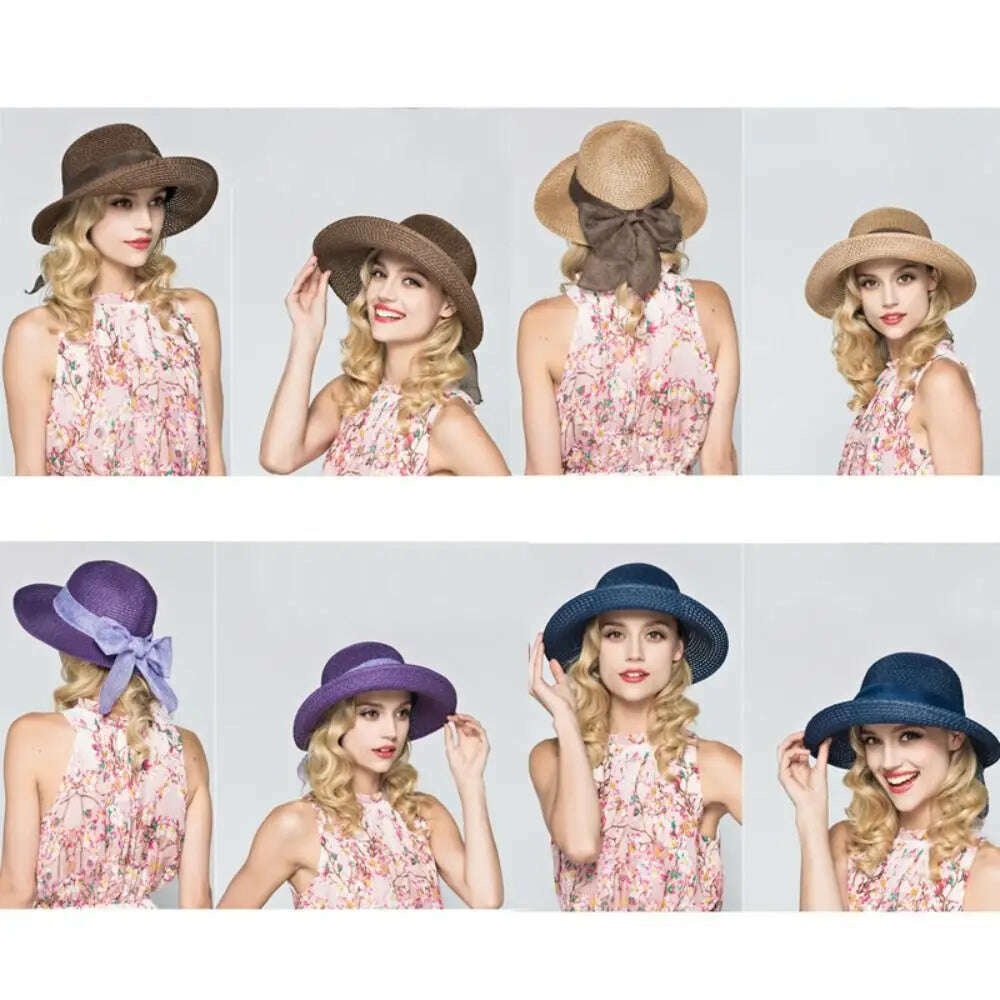 KIMLUD, Summer Bow Ribbon Sun Hat Panama Women's Cap Bonnet Beach Straw Hats, KIMLUD Womens Clothes