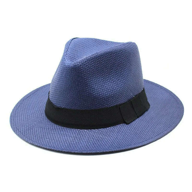 KIMLUD, Summer Casual  Paper Straw Sun Hats Men Panama Trilby Jazz Hat Outdoor UV Protection Beach Cap Bonnet, navy blue / 56-58CM, KIMLUD Womens Clothes