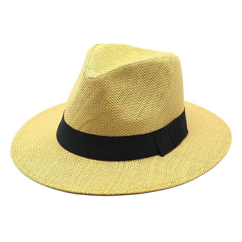 KIMLUD, Summer Casual  Paper Straw Sun Hats Men Panama Trilby Jazz Hat Outdoor UV Protection Beach Cap Bonnet, Khaki / 56-58CM, KIMLUD Womens Clothes
