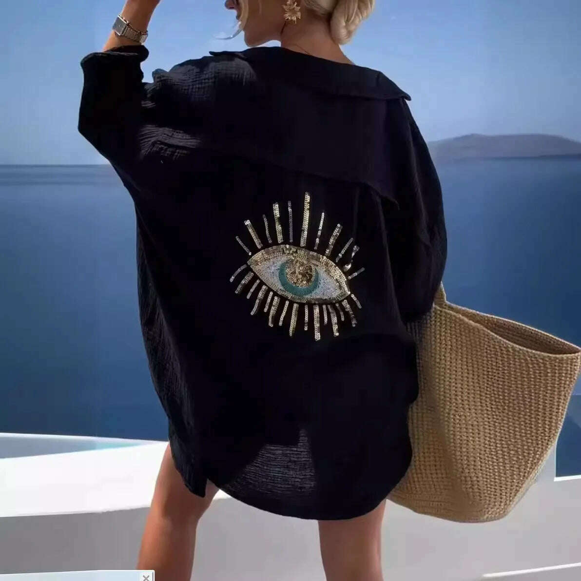 Summer Casual Sequin Eye Shirt Dress Women Fashiona Beach Style Loose Button Sun Protection Cotton Linen Shirt Dress Women - KIMLUD