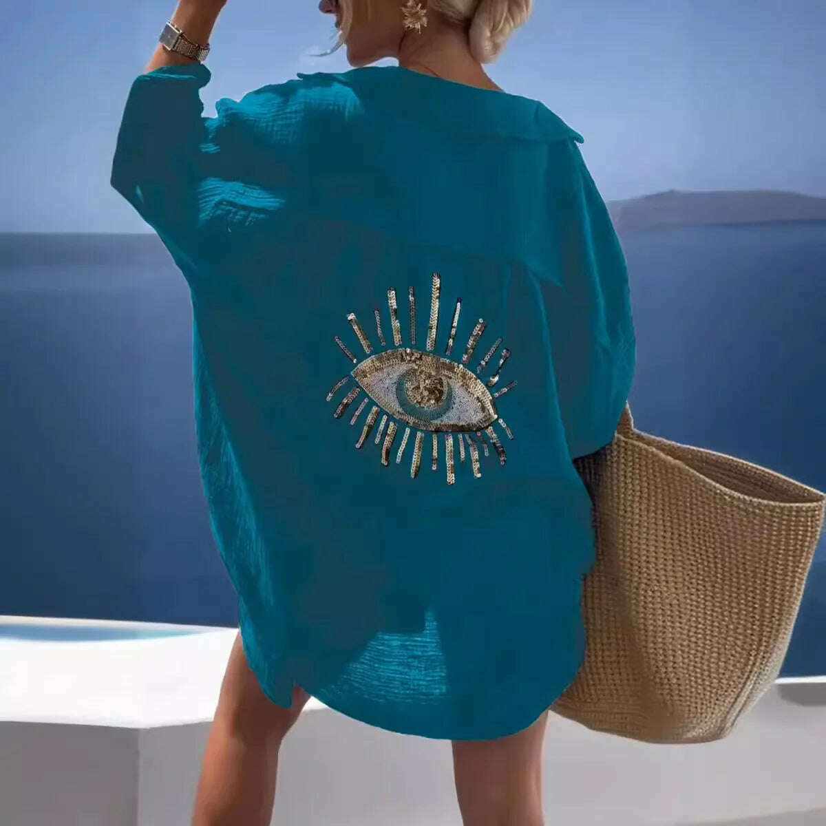 Summer Casual Sequin Eye Shirt Dress Women Fashiona Beach Style Loose Button Sun Protection Cotton Linen Shirt Dress Women - KIMLUD
