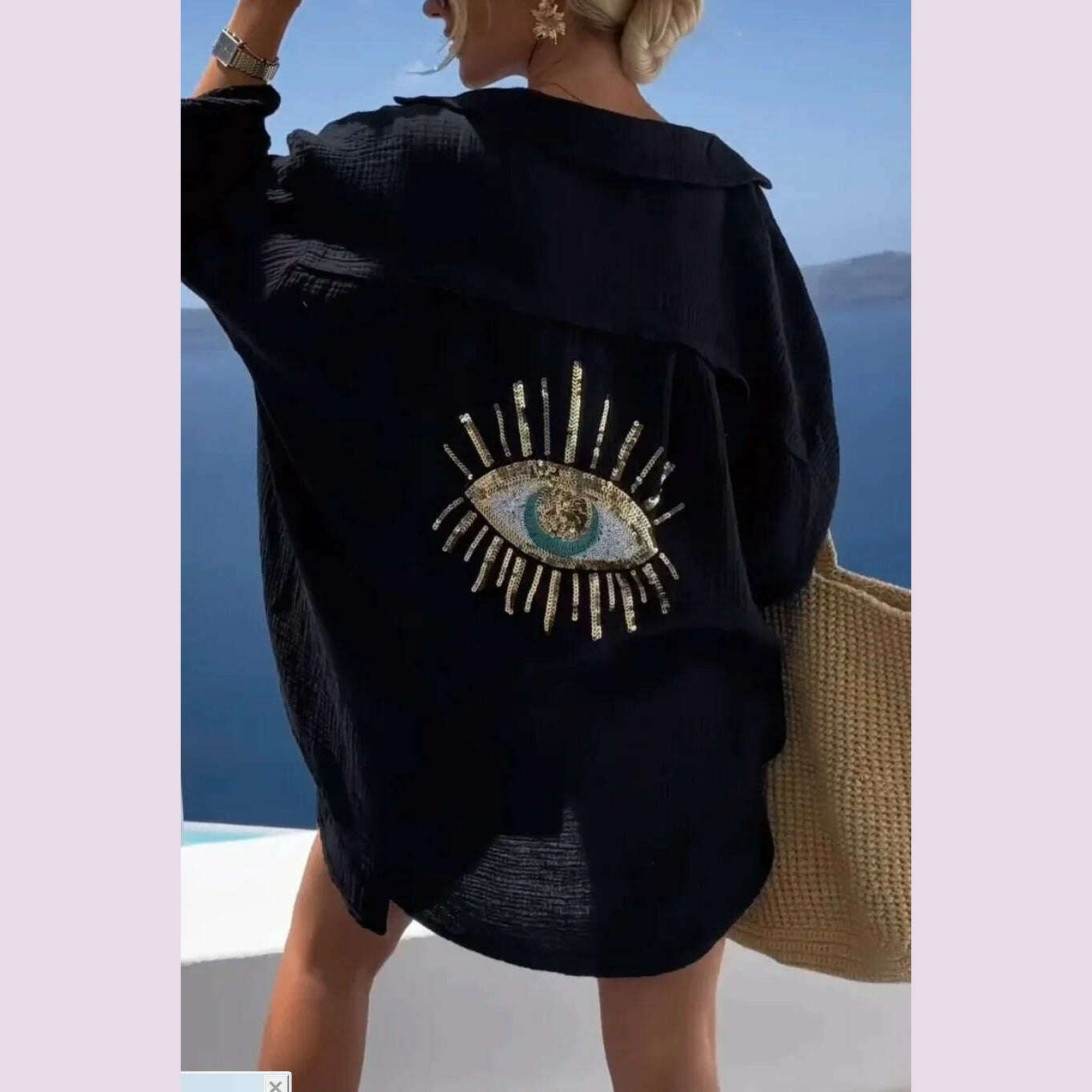 Summer Casual Sequin Eye Shirt Dress Women Fashiona Beach Style Loose Button Sun Protection Cotton Linen Shirt Dress Women - KIMLUD