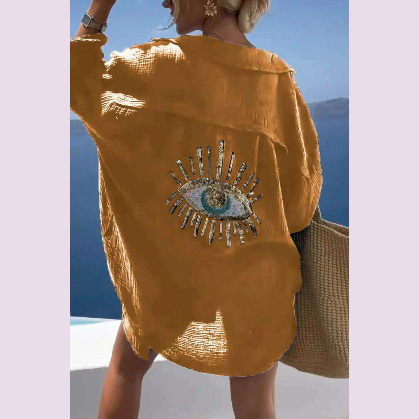 Summer Casual Sequin Eye Shirt Dress Women Fashiona Beach Style Loose Button Sun Protection Cotton Linen Shirt Dress Women - KIMLUD