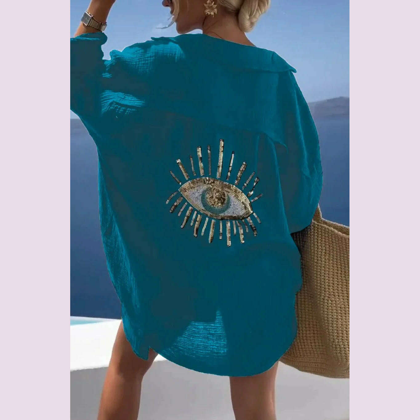 Summer Casual Sequin Eye Shirt Dress Women Fashiona Beach Style Loose Button Sun Protection Cotton Linen Shirt Dress Women - KIMLUD
