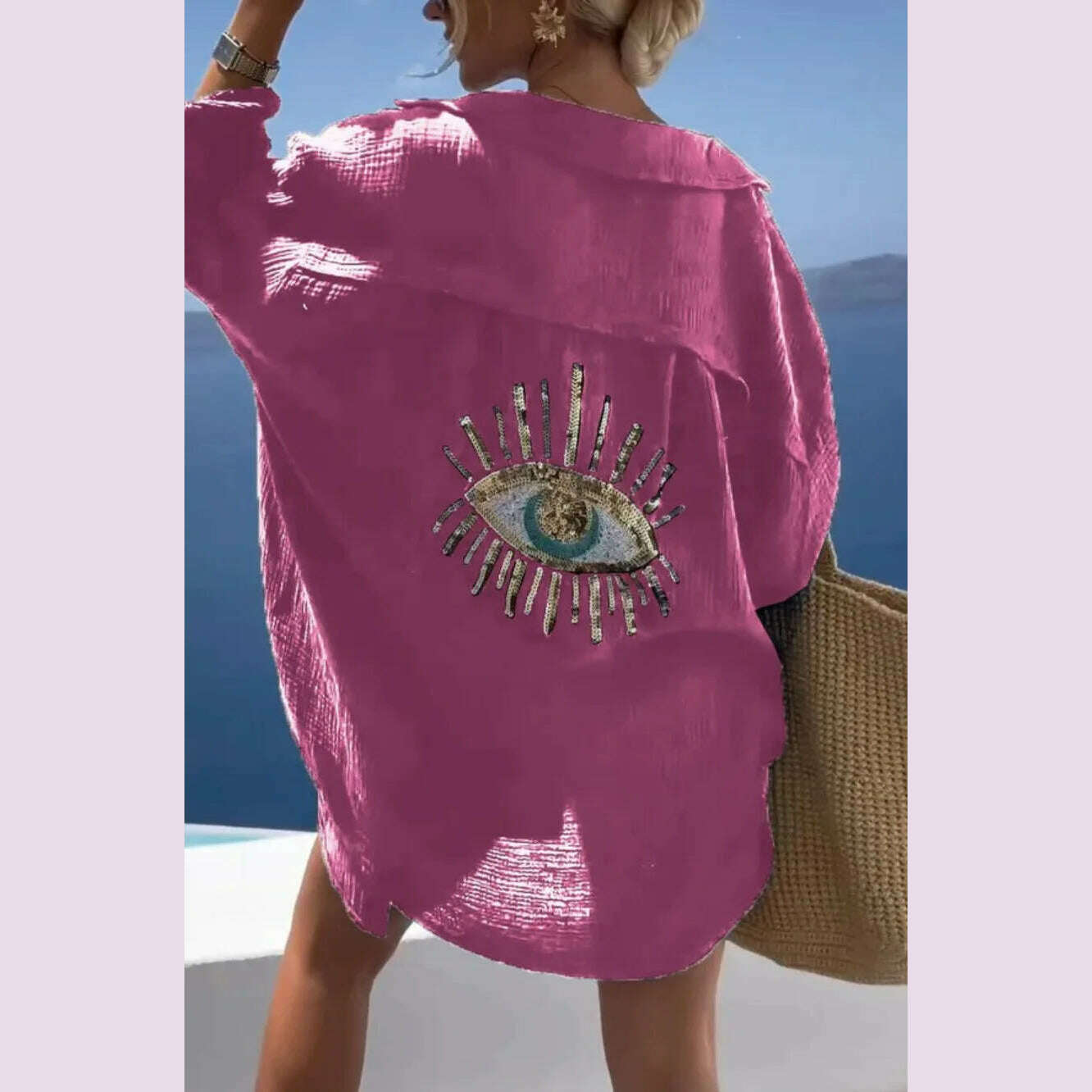 Summer Casual Sequin Eye Shirt Dress Women Fashiona Beach Style Loose Button Sun Protection Cotton Linen Shirt Dress Women - KIMLUD