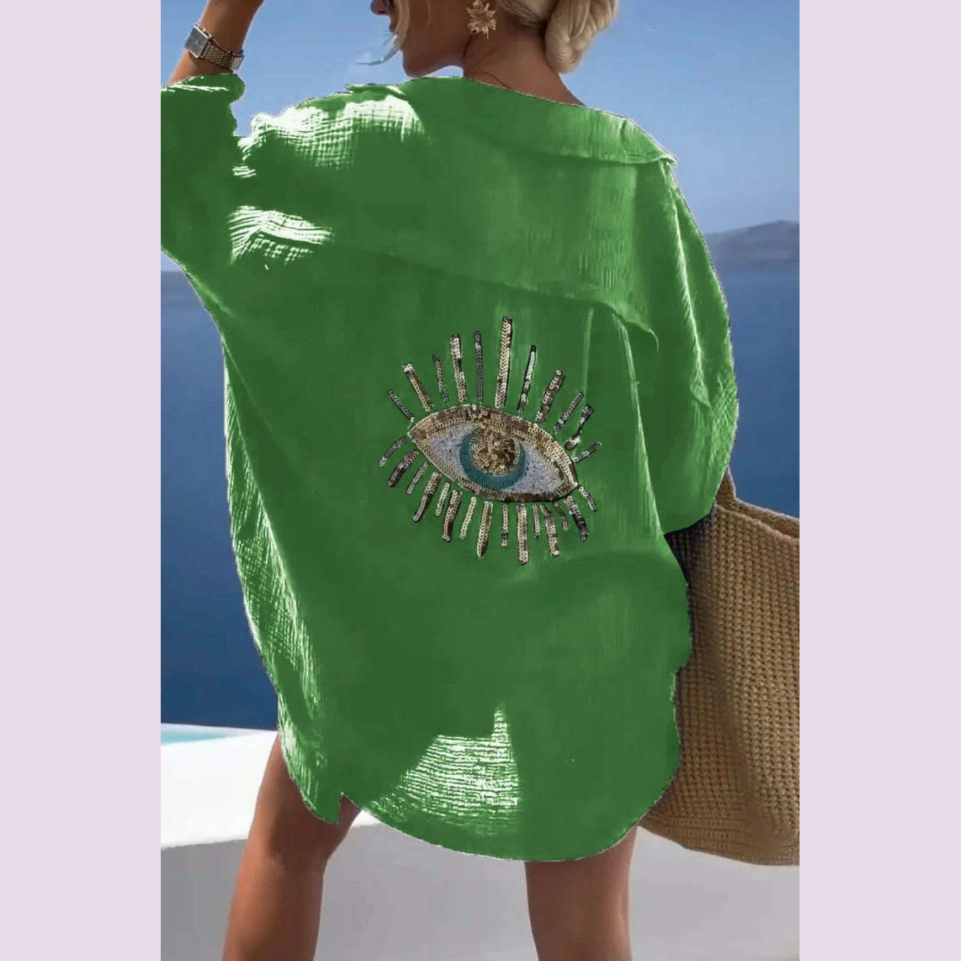 Summer Casual Sequin Eye Shirt Dress Women Fashiona Beach Style Loose Button Sun Protection Cotton Linen Shirt Dress Women - KIMLUD