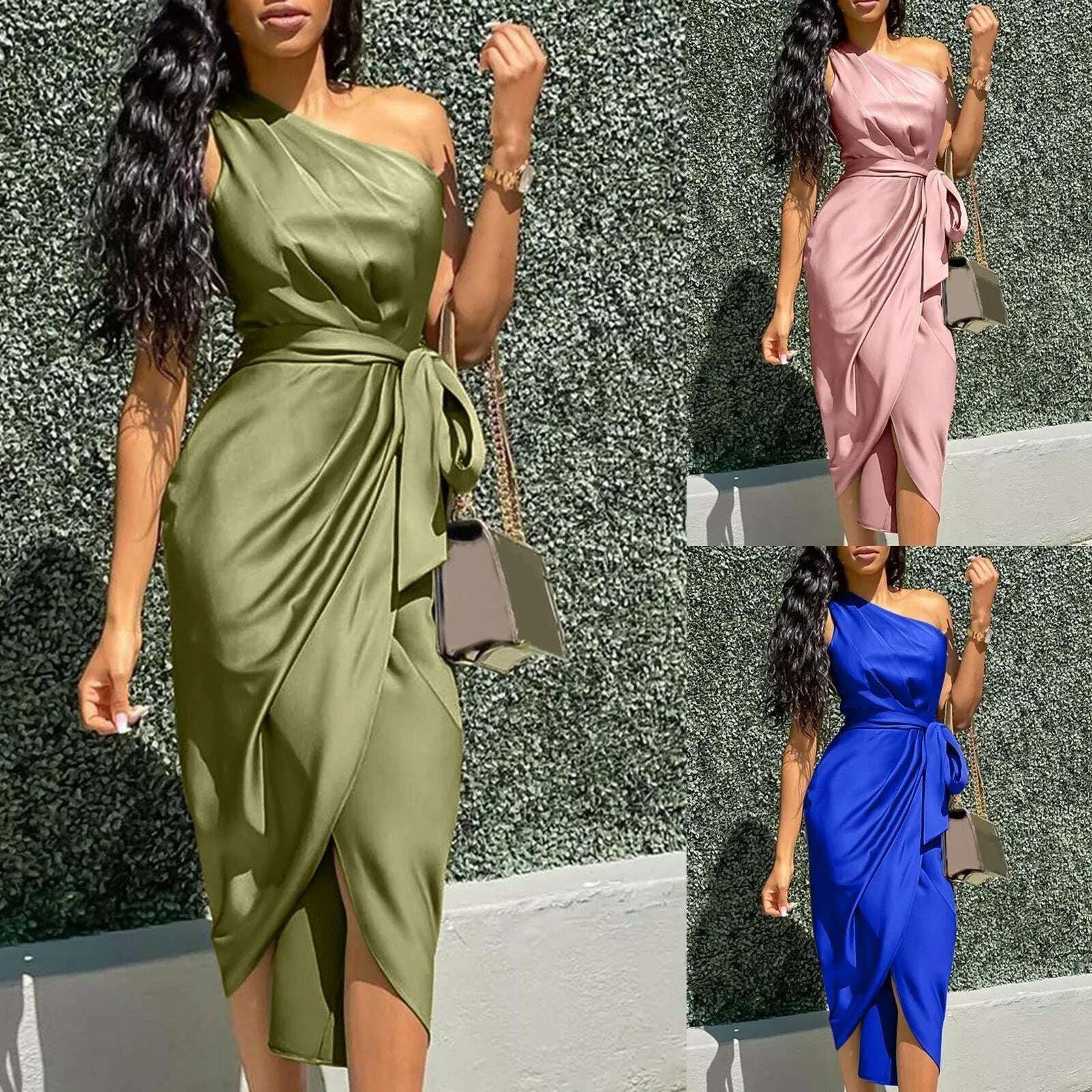 KIMLUD, Summer Dresses Women Green Sexy One Shoulder Satin Asymmetrical Ruched Midi Evening Party Prom Dress Gown Bandage Plus Size Robe, KIMLUD Womens Clothes
