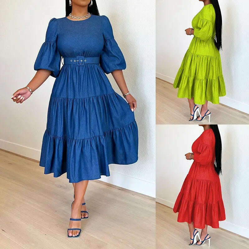 KIMLUD, Summer Dresses Women Pleated Large Swing Skirt Round Neck Puff Medium Sleeved Denim Skirts Belt Long Womens Solid Dresses, KIMLUD Womens Clothes