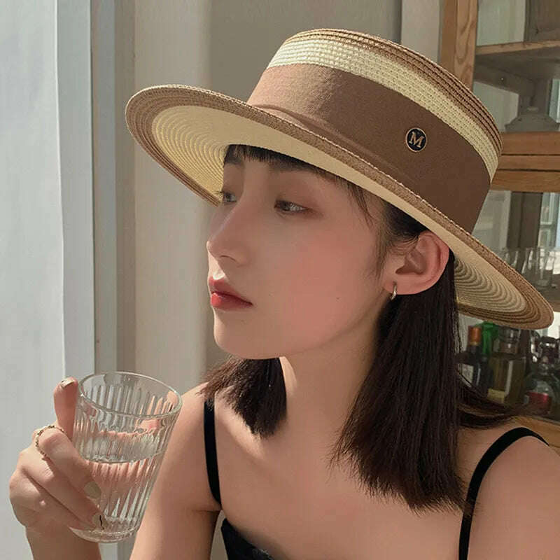 KIMLUD, Summer Elegant Retro Women Flat Top Straw Hat Trip Caps Leisure Beach Sun Hats M Letter Breathable Flower Beach Hat, KIMLUD Womens Clothes