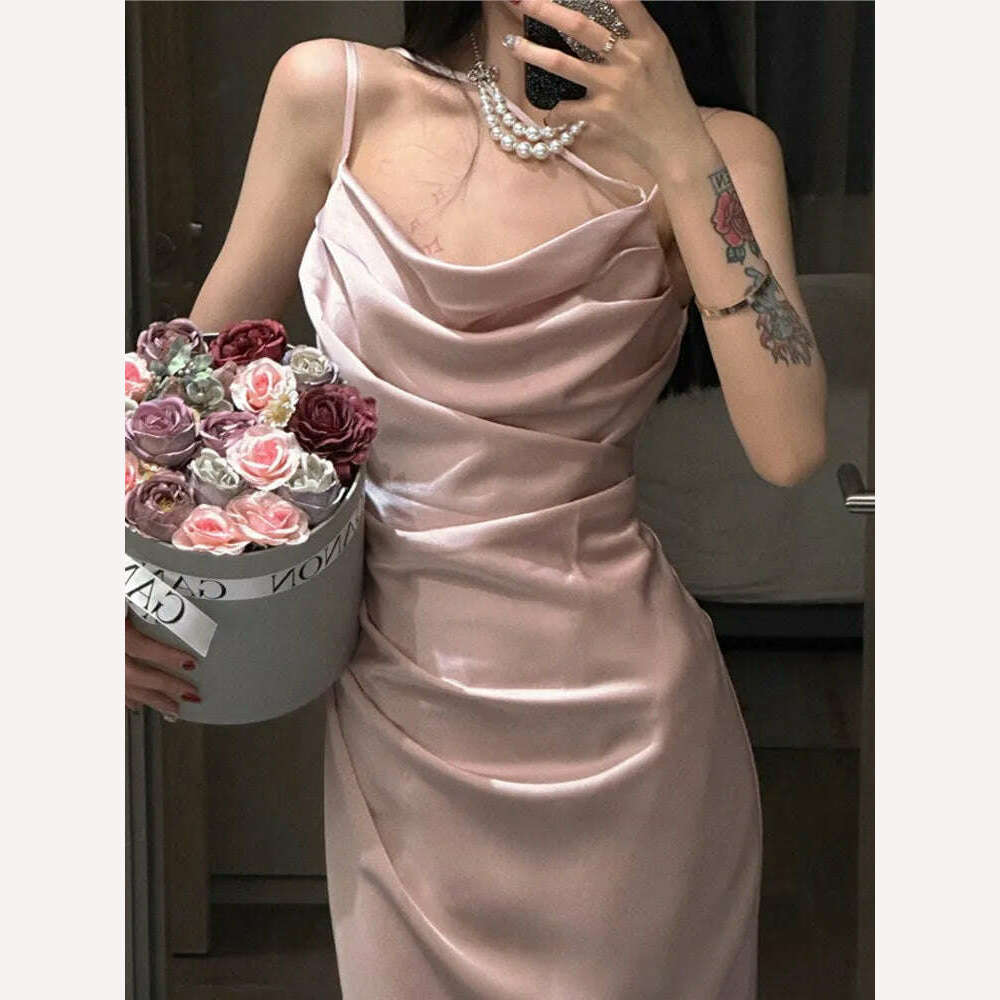 KIMLUD, Summer Elegant Satin Graduation Party Midi Dress Women France Chic Slim Spaghetti Straps Robe Korean Folds Clothes, pink / S, KIMLUD APPAREL - Womens Clothes
