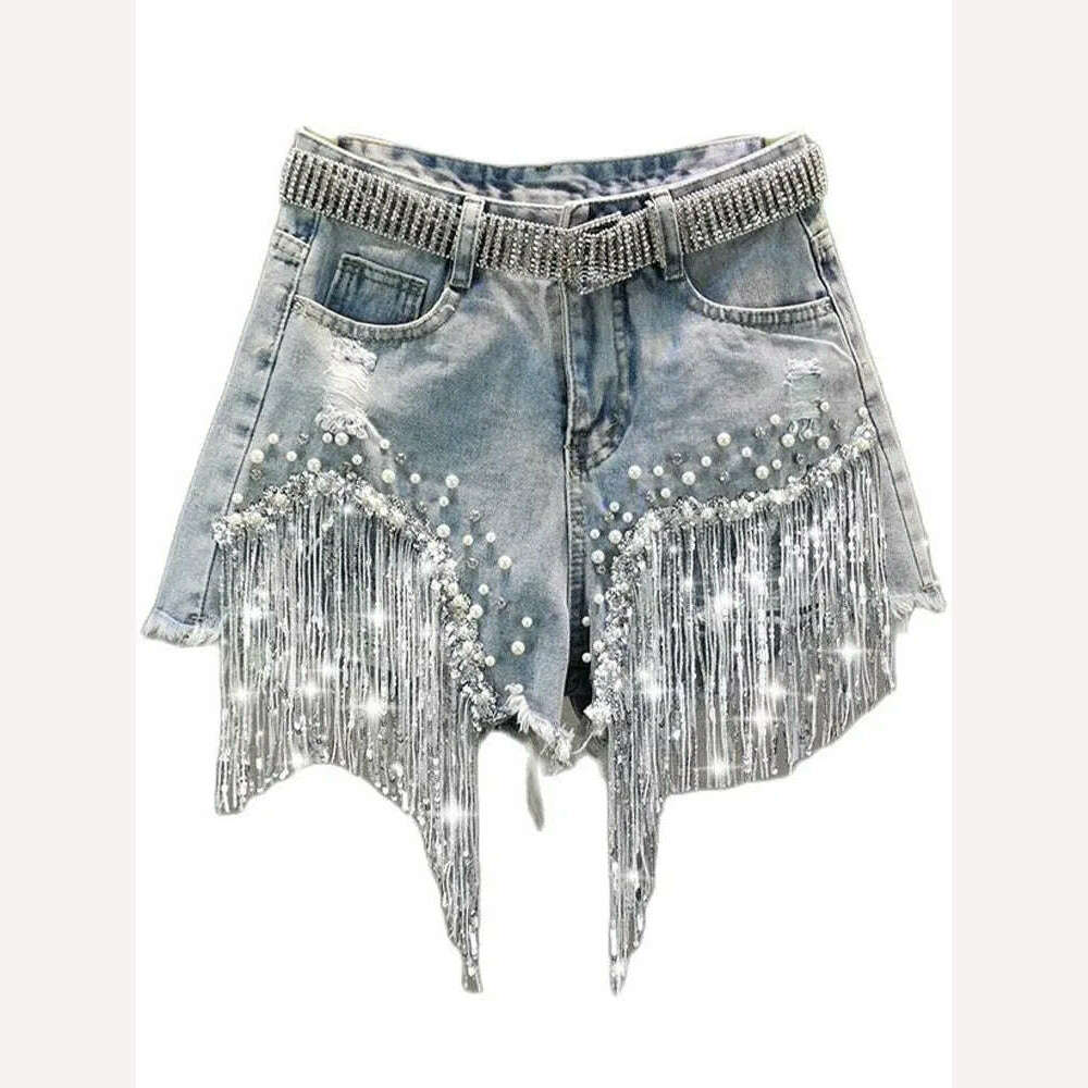 Summer Elegant Shorts Lady Tassel Beading High Waist Wide Leg Denim Shorts Female Casual Solid Shorts Jeans for Women Clothing - KIMLUD
