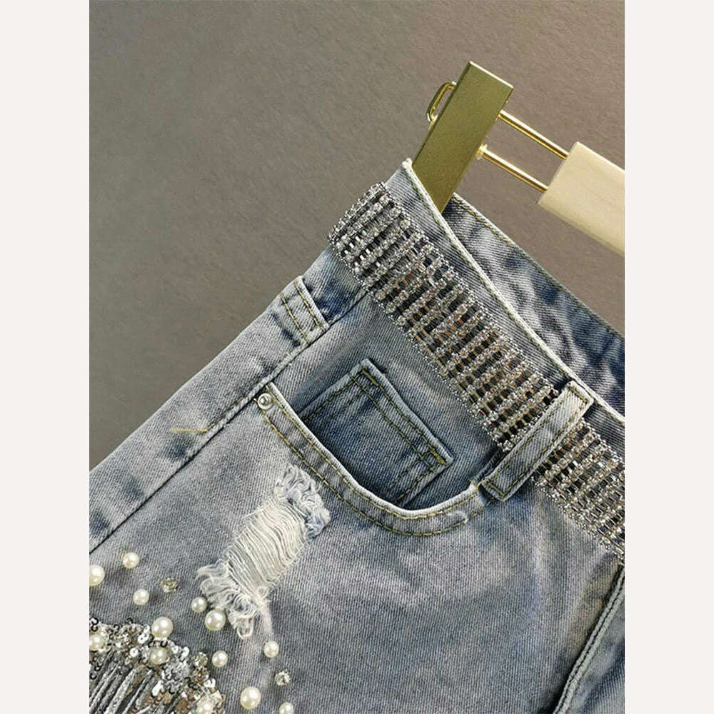 Summer Elegant Shorts Lady Tassel Beading High Waist Wide Leg Denim Shorts Female Casual Solid Shorts Jeans for Women Clothing - KIMLUD
