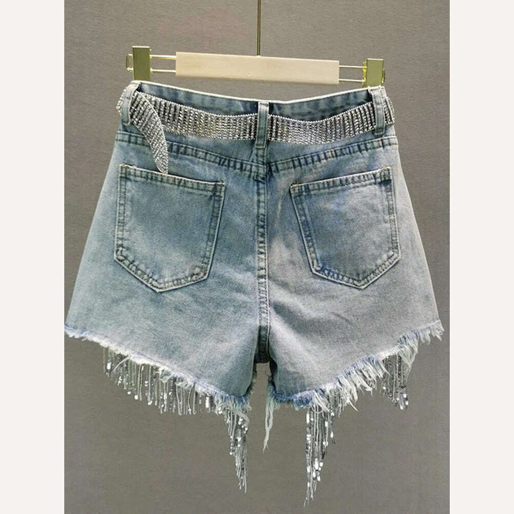 KIMLUD, Summer Elegant Shorts Lady Tassel Beading High Waist Wide Leg Denim Shorts Female Casual Solid Shorts Jeans for Women Clothing, KIMLUD Women's Clothes