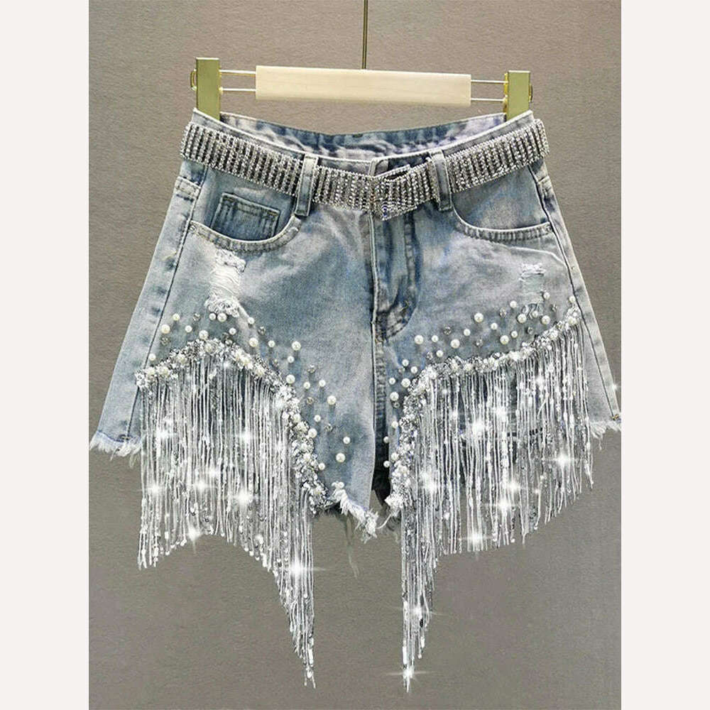 Summer Elegant Shorts Lady Tassel Beading High Waist Wide Leg Denim Shorts Female Casual Solid Shorts Jeans for Women Clothing - KIMLUD