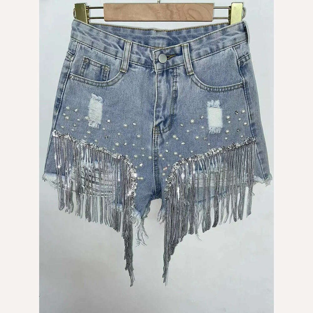 Summer Elegant Shorts Lady Tassel Beading High Waist Wide Leg Denim Shorts Female Casual Solid Shorts Jeans for Women Clothing - KIMLUD
