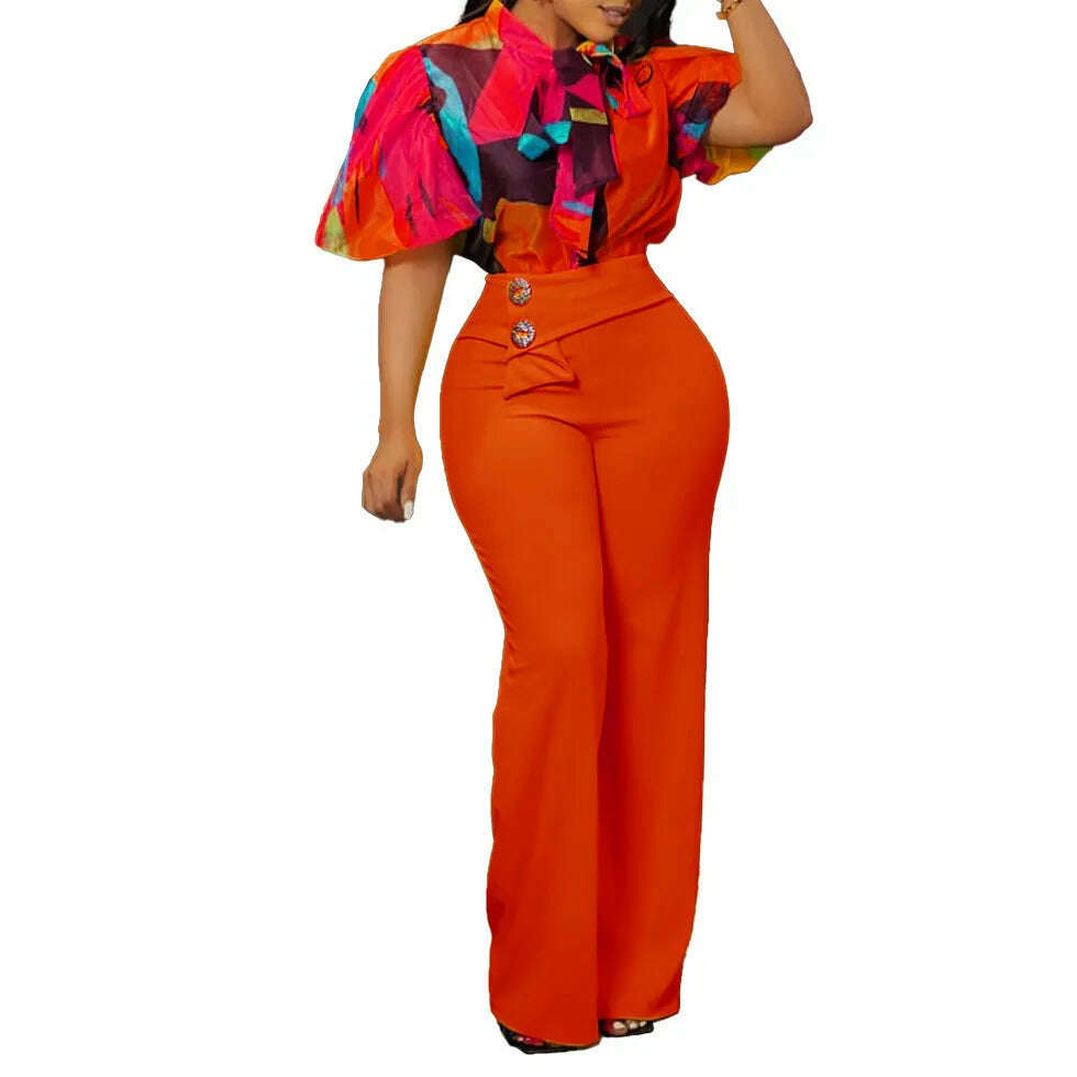 KIMLUD, Summer Fashion OL Two Piece Set  African Women Printed Short-Sleeved Shirt High-Waisted Flared Pants TwoPiece Suit Women, Orange Red / S / China, KIMLUD Women's Clothes
