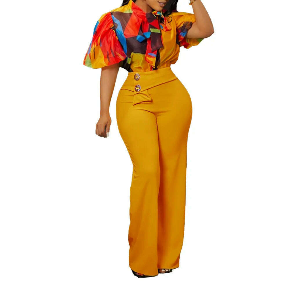 KIMLUD, Summer Fashion OL Two Piece Set  African Women Printed Short-Sleeved Shirt High-Waisted Flared Pants TwoPiece Suit Women, Yellow / S / China, KIMLUD Women's Clothes