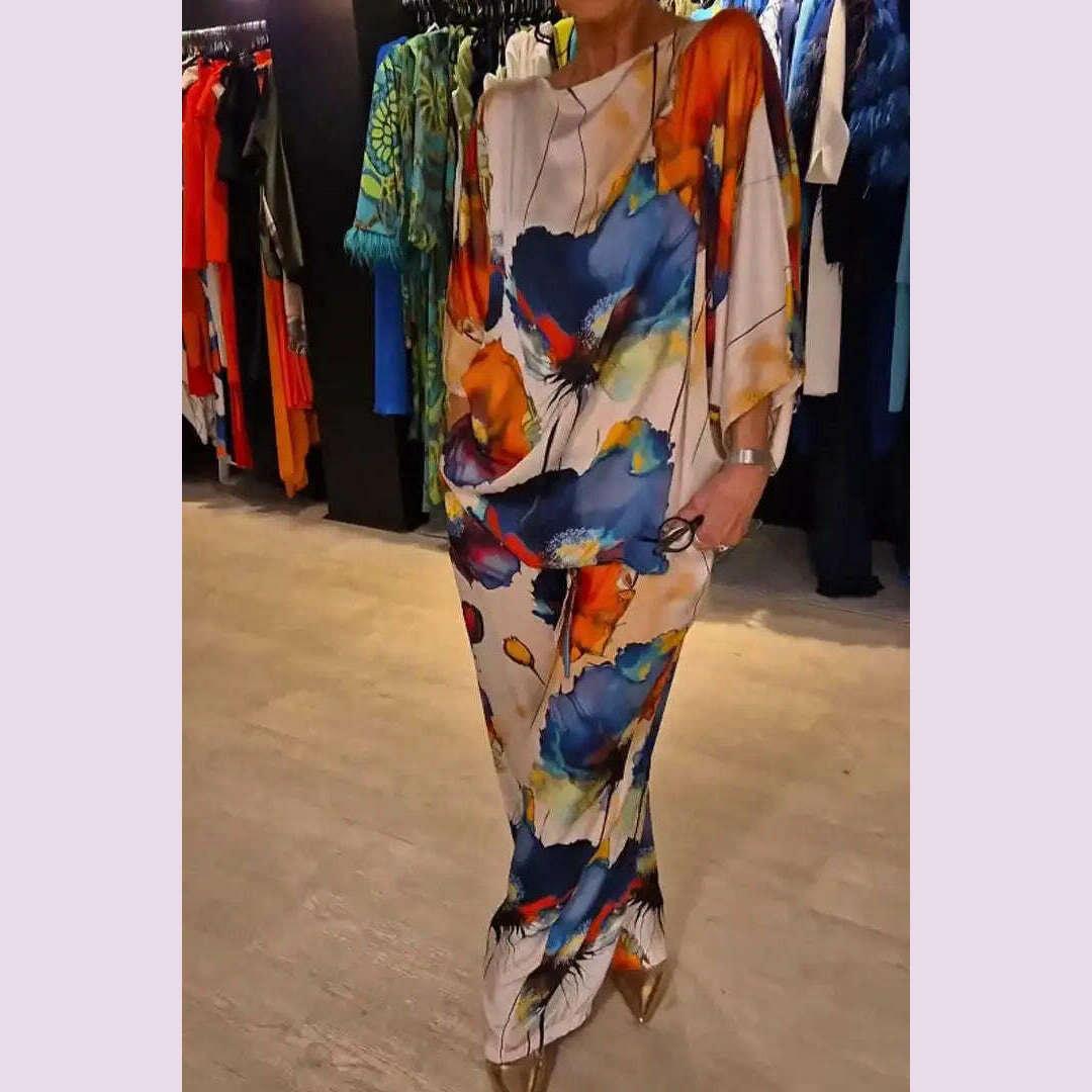 KIMLUD, Summer Fashion Printed Satin Two Piece Sets Women Sexy Round Neck 3/4 Sleeved Top + Wide Leg Long Pants Casual Two Piece Set, KIMLUD Womens Clothes