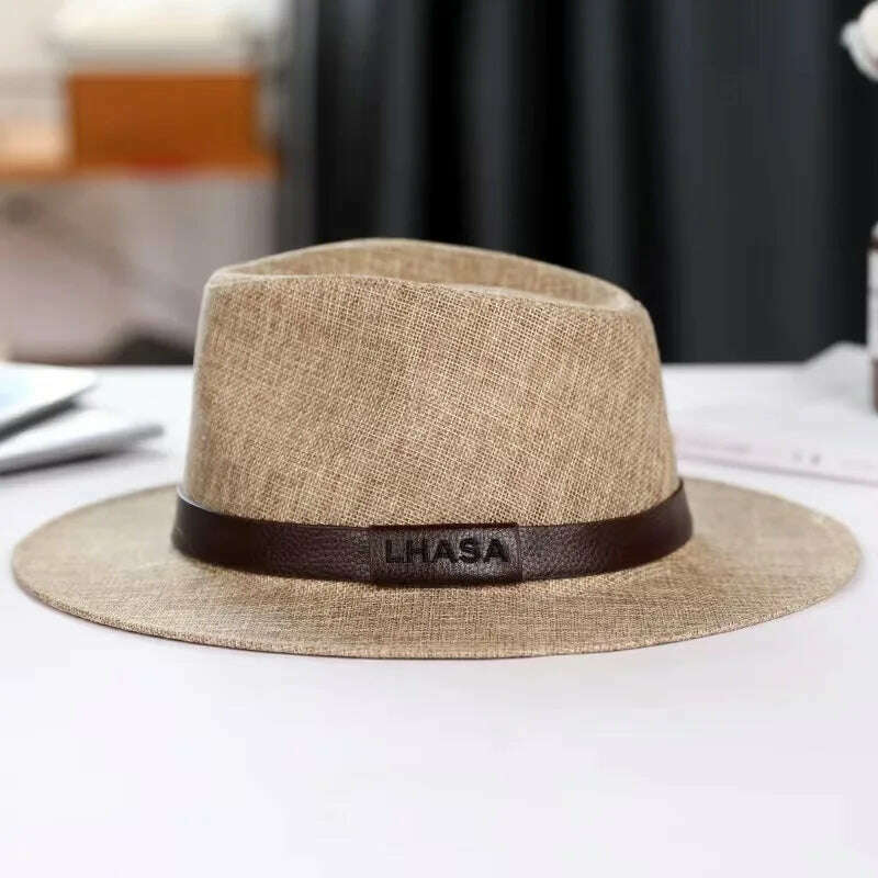Summer hat men's Linen sun visor Panama flat edge British jazz hat high end sun protection gentleman hat Outdoor sun hat - KIMLUD