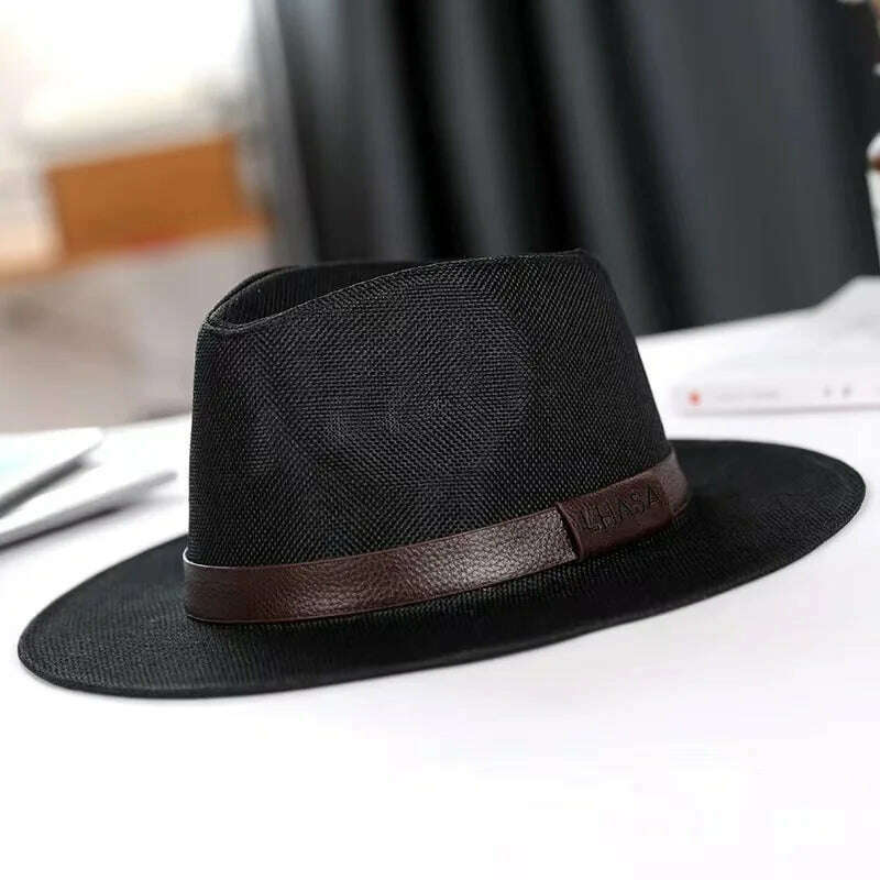 Summer hat men's Linen sun visor Panama flat edge British jazz hat high end sun protection gentleman hat Outdoor sun hat - KIMLUD