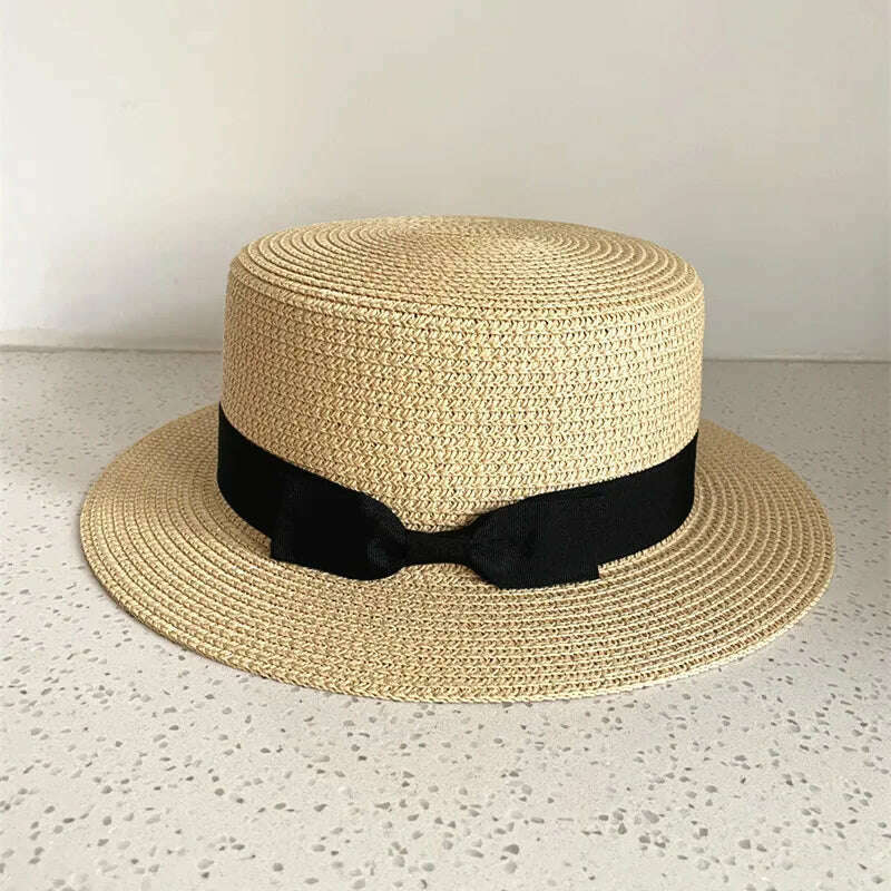 Summer Hats For Women Sun Hat Beach Ladies Boater Hat with Bowknot Casual Sun Hats For Women Straw Hat, Dark Beige, KIMLUD Women's Clothes