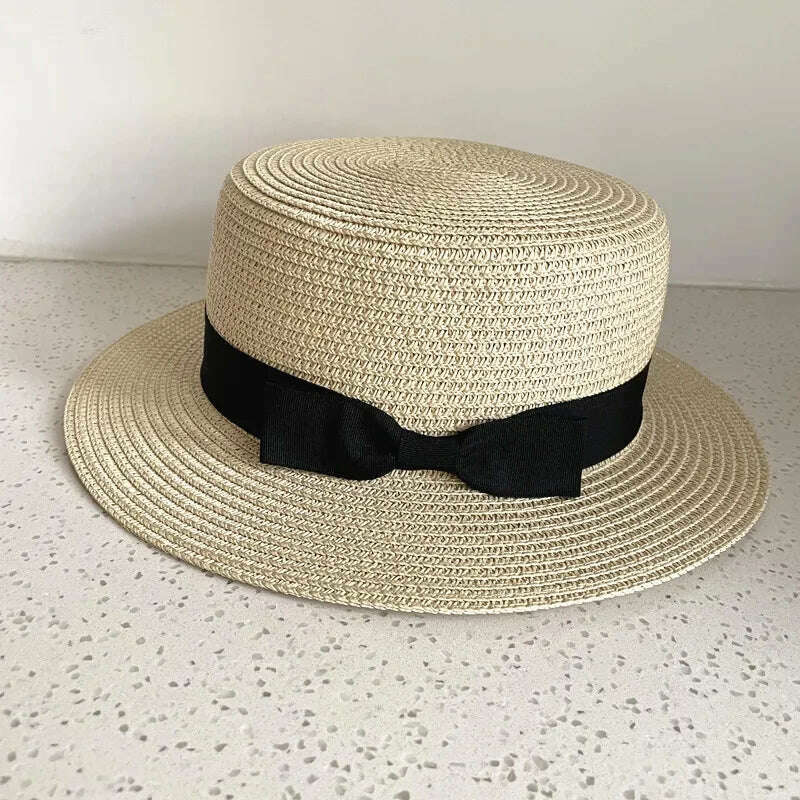 Summer Hats For Women Sun Hat Beach Ladies Boater Hat with Bowknot Casual Sun Hats For Women Straw Hat, Beige, KIMLUD Women's Clothes