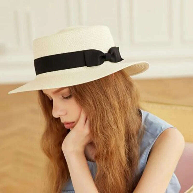 KIMLUD, Summer Hats For Women Sun Hat Beach Ladies Fashion Flat Brom Bowknot Panama Lady Casual Sun Hats For Women Straw Hat, KIMLUD Womens Clothes