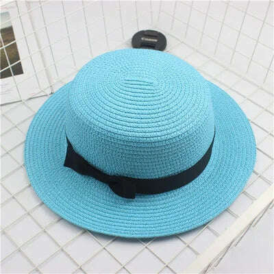 KIMLUD, Summer Hats For Women Sun Hat Beach Ladies Fashion Flat Brom Bowknot Panama Lady Casual Sun Hats For Women Straw Hat, Sky Blue / Child Size 51-54cm, KIMLUD Womens Clothes