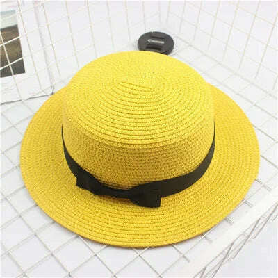 KIMLUD, Summer Hats For Women Sun Hat Beach Ladies Fashion Flat Brom Bowknot Panama Lady Casual Sun Hats For Women Straw Hat, Yellow / Adult Size56-58cm, KIMLUD Womens Clothes