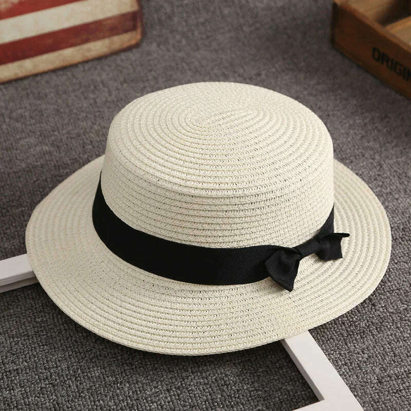KIMLUD, Summer Hats For Women Sun Hat Beach Ladies Fashion Flat Brom Bowknot Panama Lady Casual Sun Hats For Women Straw Hat, Mlik White / Adult Size56-58cm, KIMLUD Womens Clothes