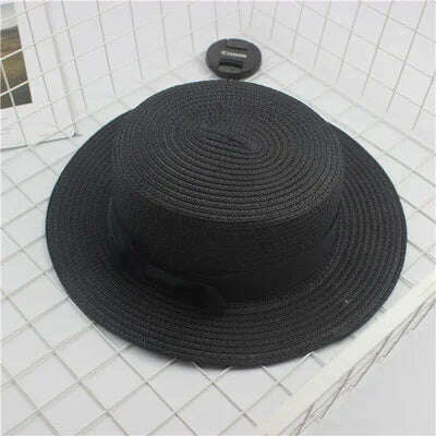 KIMLUD, Summer Hats For Women Sun Hat Beach Ladies Fashion Flat Brom Bowknot Panama Lady Casual Sun Hats For Women Straw Hat, Black / Adult Size56-58cm, KIMLUD Womens Clothes
