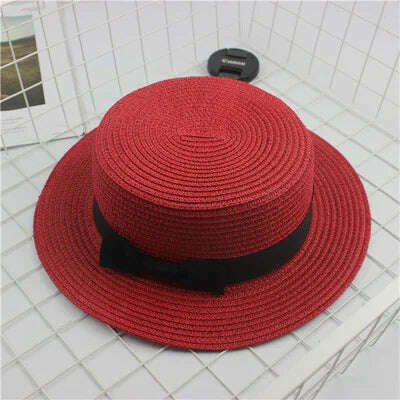 KIMLUD, Summer Hats For Women Sun Hat Beach Ladies Fashion Flat Brom Bowknot Panama Lady Casual Sun Hats For Women Straw Hat, Red / Adult Size56-58cm, KIMLUD Womens Clothes