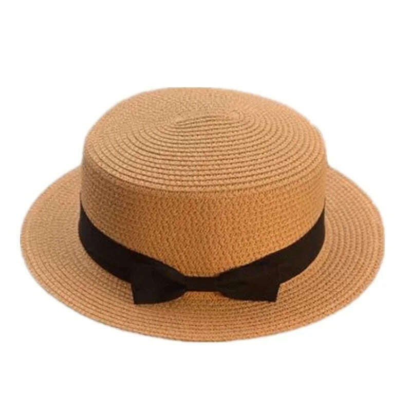 KIMLUD, Summer Hats For Women Sun Hat Beach Ladies Fashion Flat Brom Bowknot Panama Lady Casual Sun Hats For Women Straw Hat, Khaki / Adult Size56-58cm, KIMLUD Womens Clothes