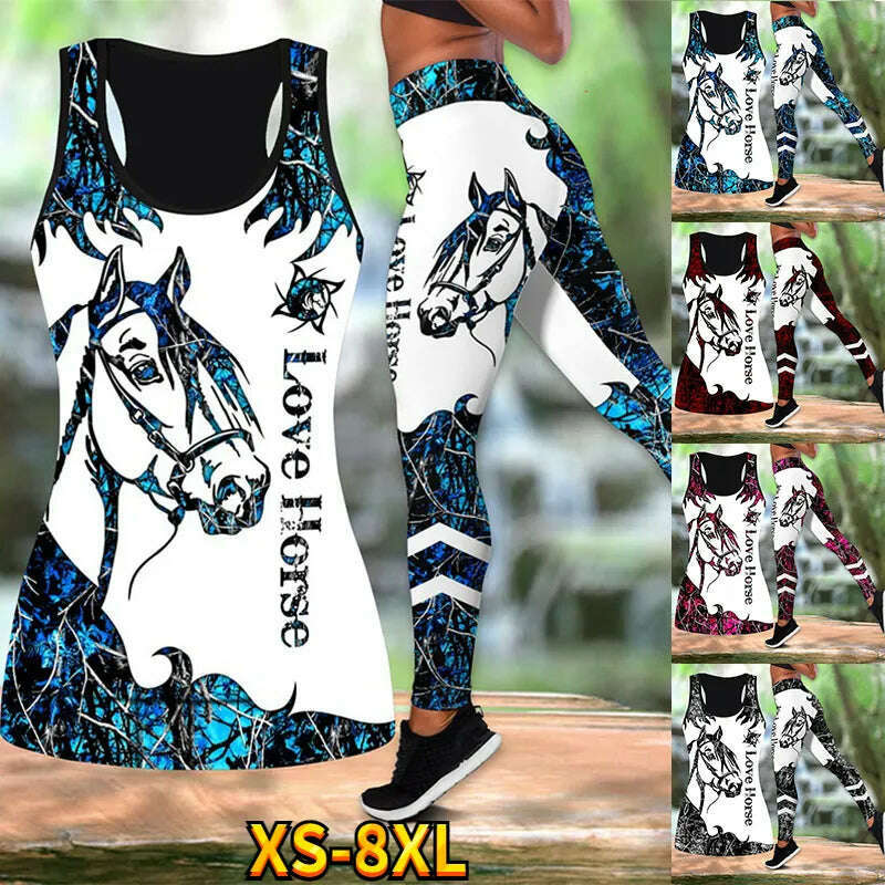 KIMLUD, Summer Ladies Love Horse Print Yoga Sports Pants Sweatpants Leggings Cut Out Back Tank Tops Combo Suit XS-8XL, KIMLUD Women's Clothes