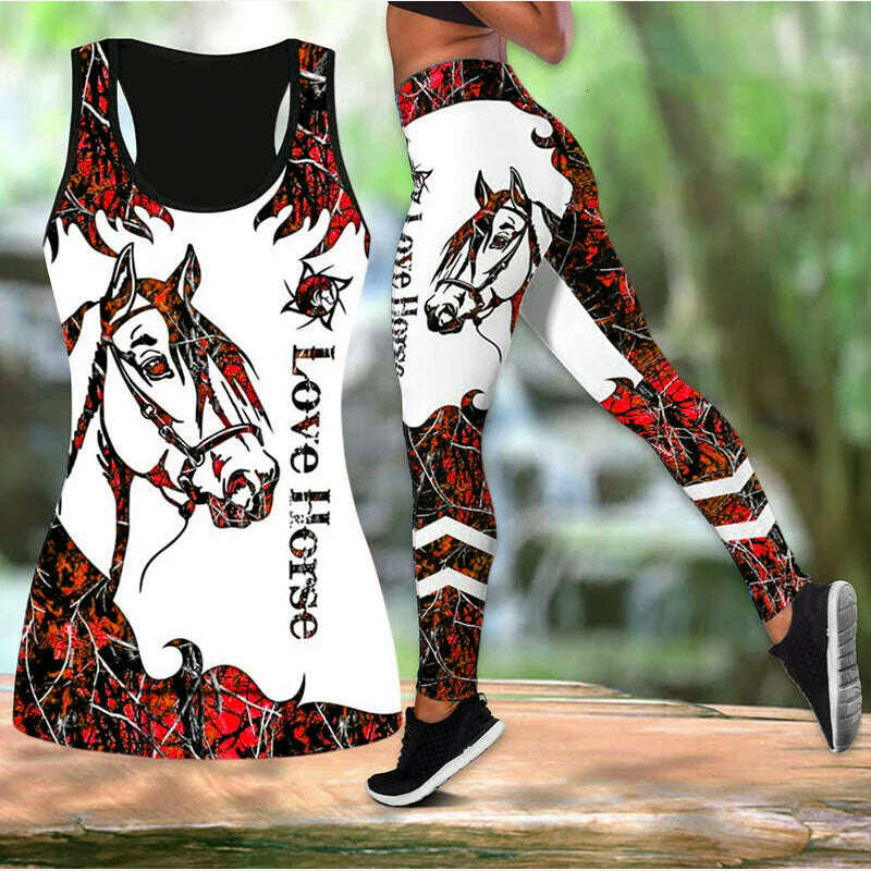 KIMLUD, Summer Ladies Love Horse Print Yoga Sports Pants Sweatpants Leggings Cut Out Back Tank Tops Combo Suit XS-8XL, red1 / XS, KIMLUD Womens Clothes