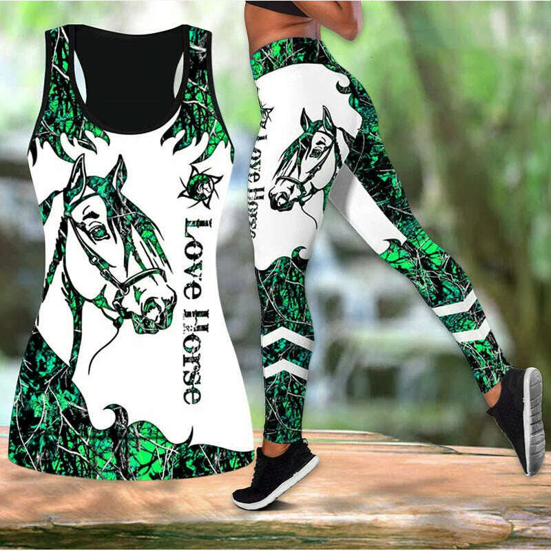 KIMLUD, Summer Ladies Love Horse Print Yoga Sports Pants Sweatpants Leggings Cut Out Back Tank Tops Combo Suit XS-8XL, Green / XS, KIMLUD Womens Clothes