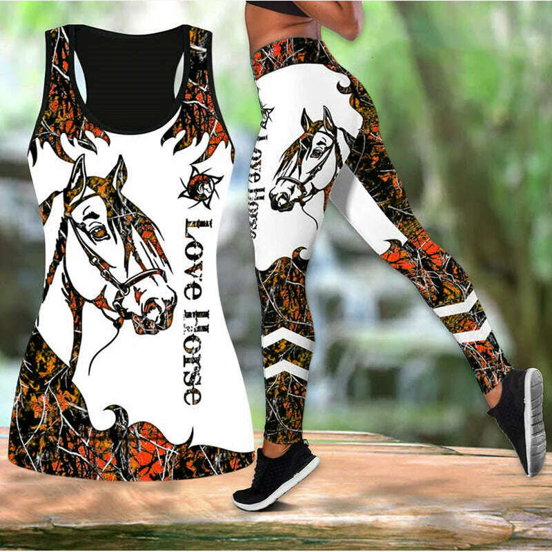 KIMLUD, Summer Ladies Love Horse Print Yoga Sports Pants Sweatpants Leggings Cut Out Back Tank Tops Combo Suit XS-8XL, Orange / XS, KIMLUD Womens Clothes