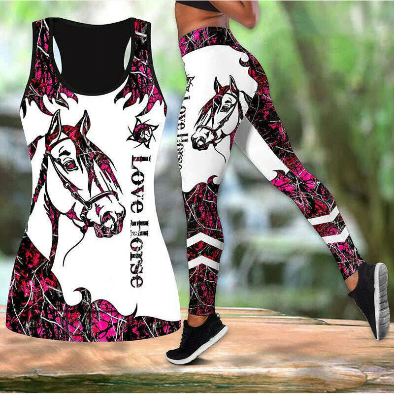 KIMLUD, Summer Ladies Love Horse Print Yoga Sports Pants Sweatpants Leggings Cut Out Back Tank Tops Combo Suit XS-8XL, Pink / XS, KIMLUD Womens Clothes